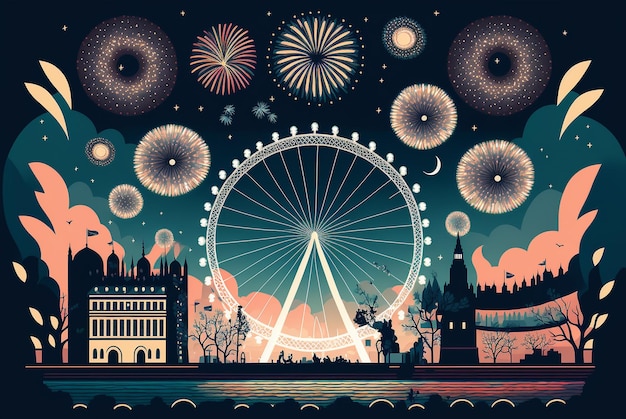 A poster for the london eye with fireworks in the background.