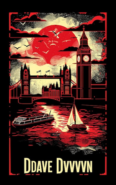 a poster for the london skyline with a sailboat and a clock on it