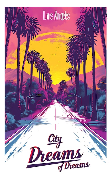 Poster of Los Angeles Text and Slogan City of Dreams With a Palm Tree Illustration Layout Design