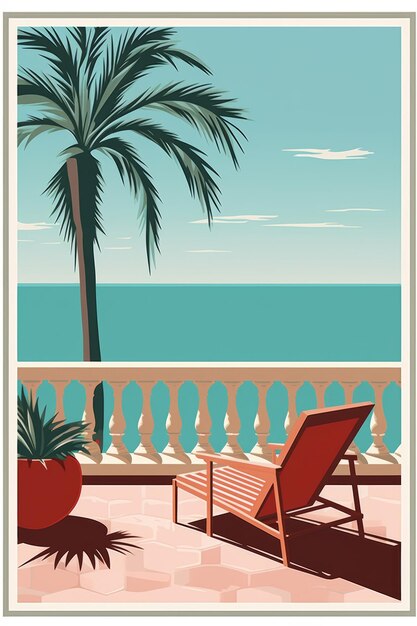 a poster of a lounge chair and palm tree on the beach