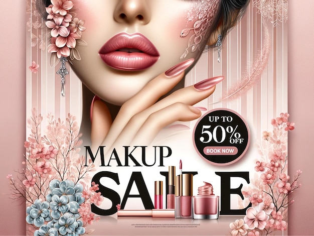 Photo a poster for makeup sale with a womans face and pink nails