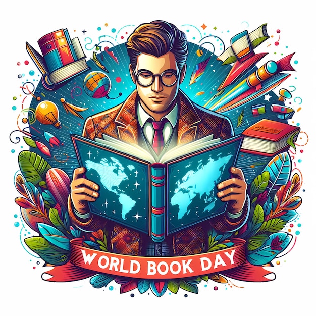 A poster of a man reading the book for denoting World Book Day