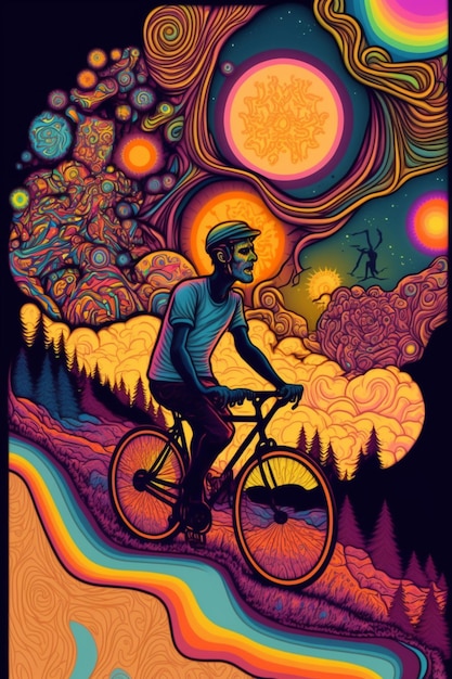 A poster of a man riding a bike with a moon and stars in the background.