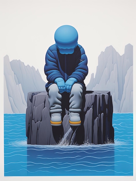 a poster for a man sitting on a rock in the water