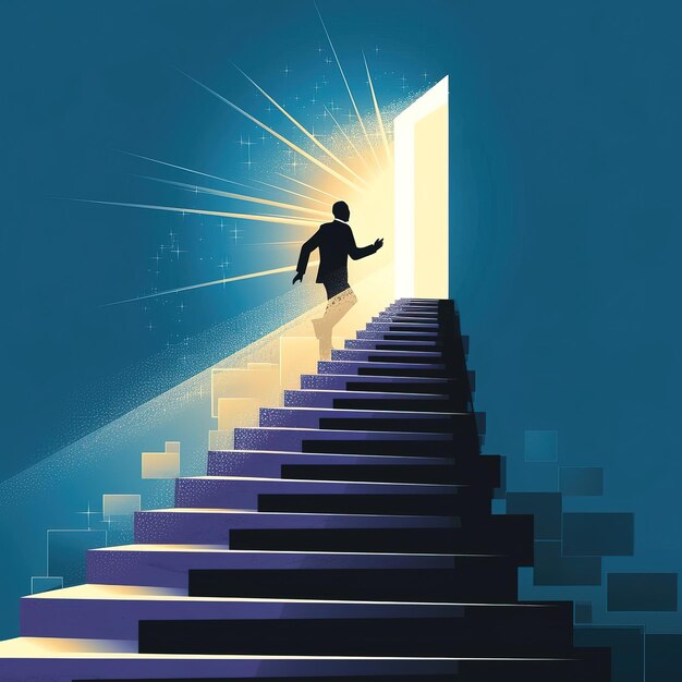 a poster for a man walking up stairs with the sun shining on the bottom