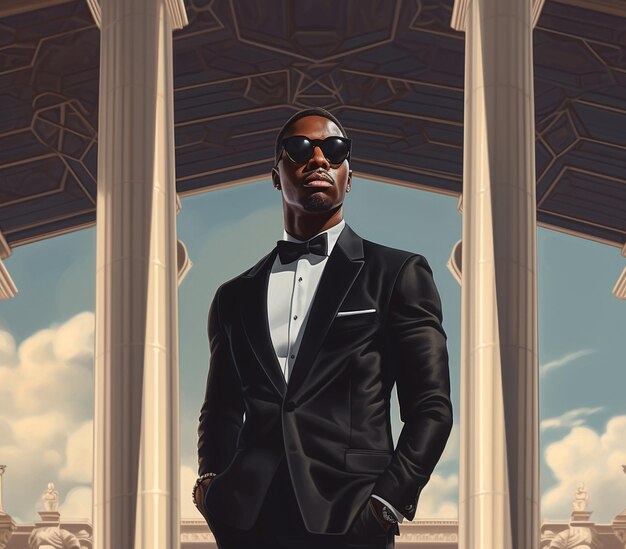 a poster of a man wearing a suit and sunglasses.