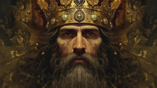 A poster of a man with a beard and a gold crown