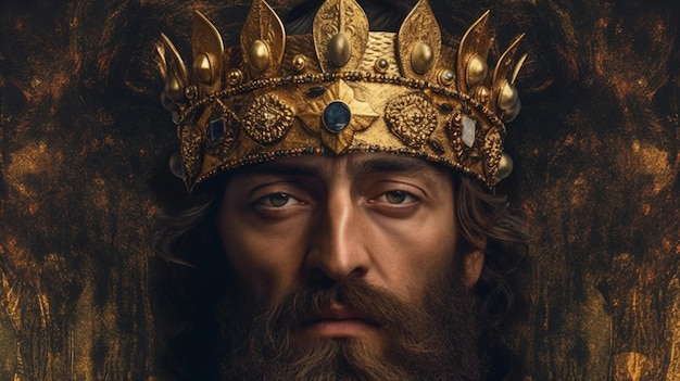 A poster of a man with a beard and a gold crown