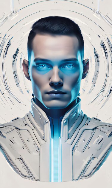 파란 눈과  셔츠를 입은 남자의 포스터에 '우주의 이름'이 적혀 있습니다.