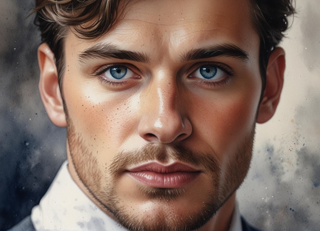 Photo a poster of a man with blue eyes and a white shirt