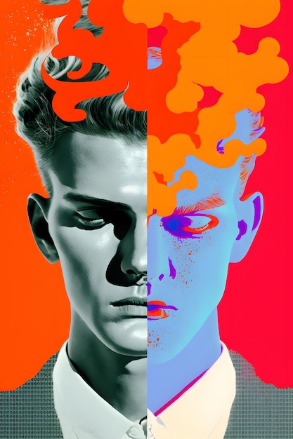 A poster for a man with a blue face and orange flames on the left.