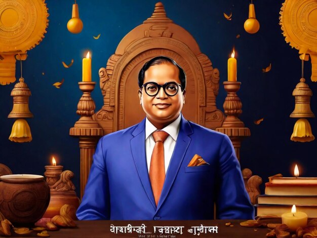 a poster for a man with glasses and a blue suit