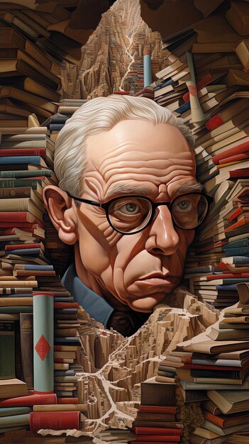 Foto un poster di un uomo con gli occhiali e una foto di un uomo col libro in mano