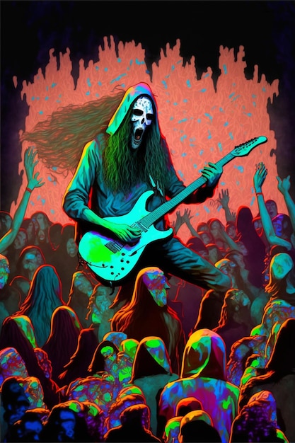 A poster of a man with a guitar on his head is titled " the death metal ".