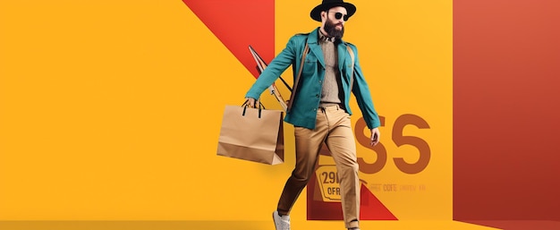 Foto un poster per un uomo con un cappello e una borsa.