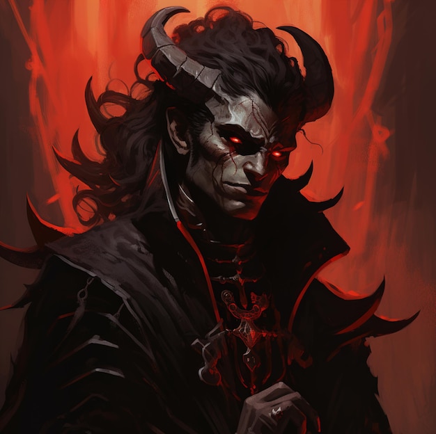 a poster of a man with horns and a red background.