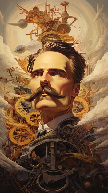 Photo a poster of a man with a moustache and a clock in the background