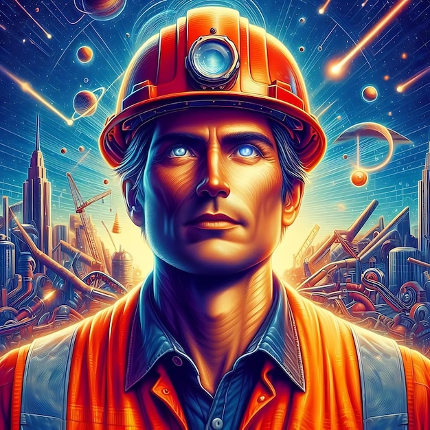 Foto un poster per un uomo con un casco rosso e uno sfondo blu con una città sullo sfondo