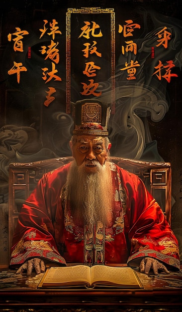 a poster for a man with a red robe and a gold and red background