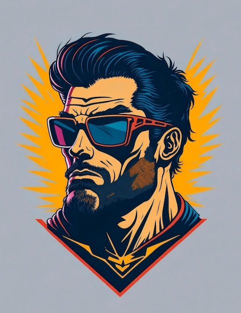 A poster of a man with sunglasses and a sunburst behind his head.