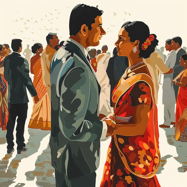 a poster of a man and a woman in a red sari