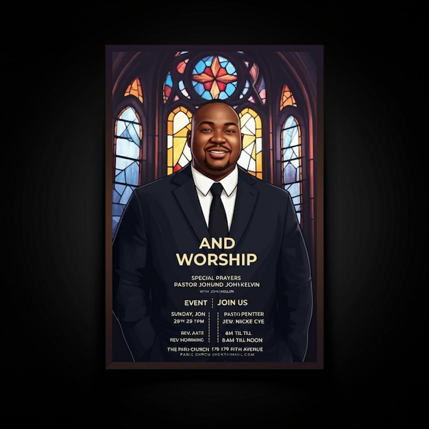 a poster of a man and worship and a stained glass window