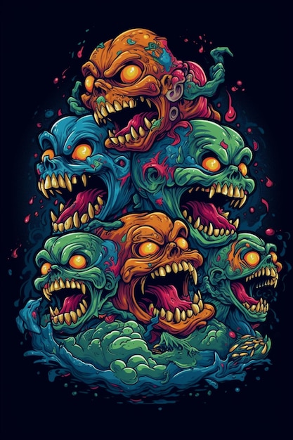 A poster of many green zombies with orange eyes and orange eyes.