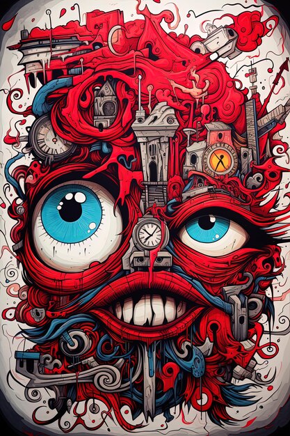 a poster of a mask with a clock and a clock on it
