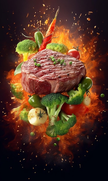 Foto un poster per una bistecca di carne con uno sfondo di fuoco.
