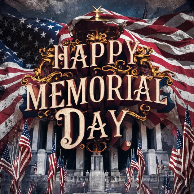 a poster for memorial day with an american flag and a flag in the background