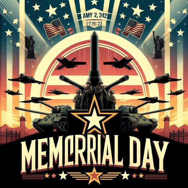 a poster for memorial day with a background of a military tank and a star and star