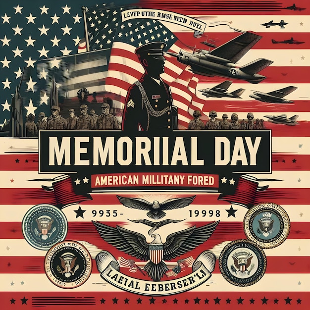 a poster for memorial day with a flag and a flag in the background