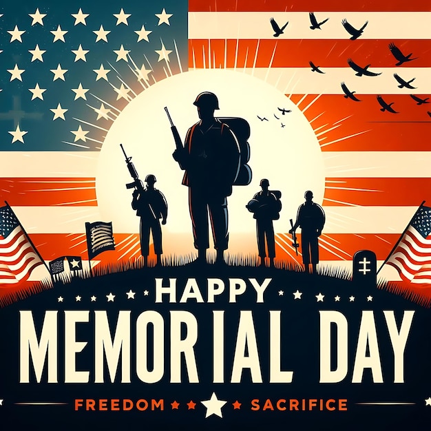 a poster for memorial day with a flag and a flag in the background