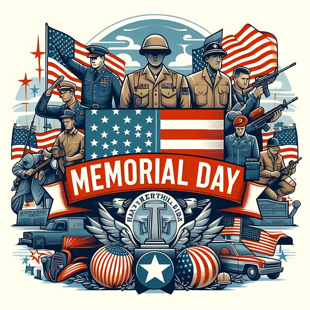 a poster for memorial day with a flag and a flag in the middle