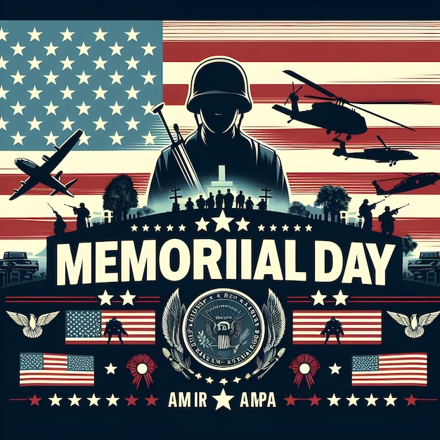 a poster for memorial day with a flag and a flag with a soldier on it