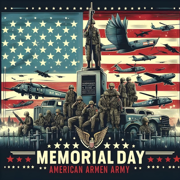 a poster for memorial day with a flag and a statue of a soldier