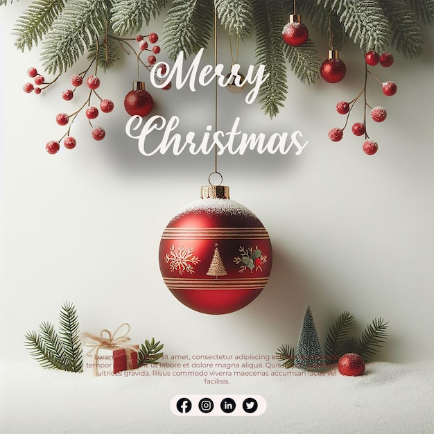 Photo a poster for merry christmas with a red bauble on the top