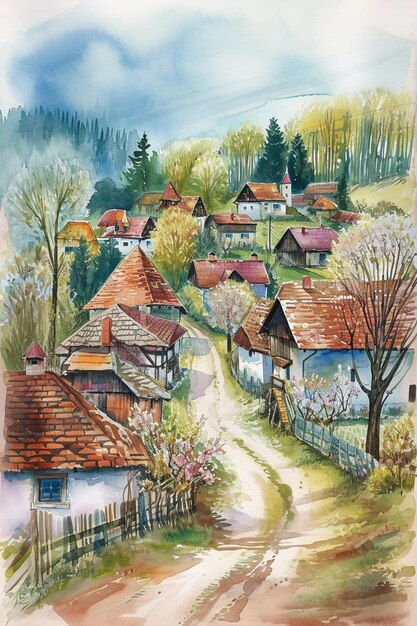 Poster met een aquarellandschap van een Oost-Europees dorp in het vroege voorjaar