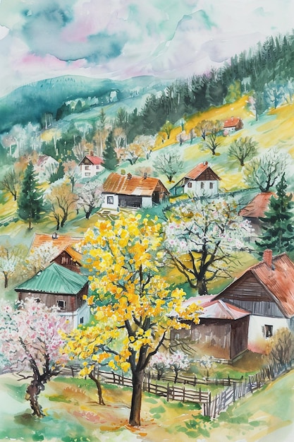 Poster met een aquarellandschap van een Oost-Europees dorp in het vroege voorjaar