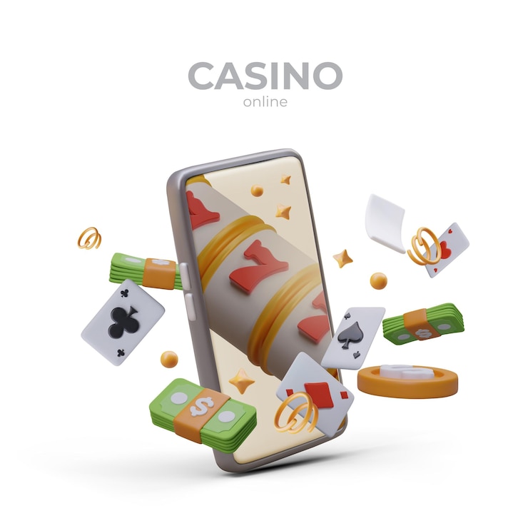 Foto poster met realistische mobiele telefoon vliegende bankbiljetten gouden chips en speelkaarten