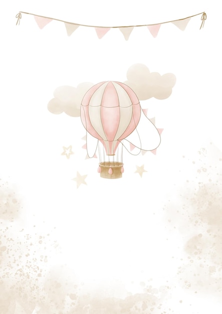 Poster met roze heteluchtballon die in de lucht vliegt en feestslingersjabloon voor tekst voor babymeisje