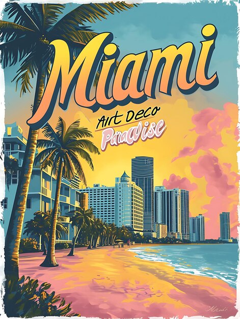 Poster of Miami Text and Slogan Art Deco Paradise With a Beach View of Illustration Layout Design