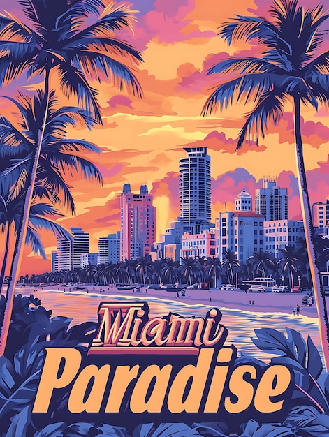 Poster of Miami Text and Slogan Art Deco Paradise With a Beach View of Illustration Layout Design