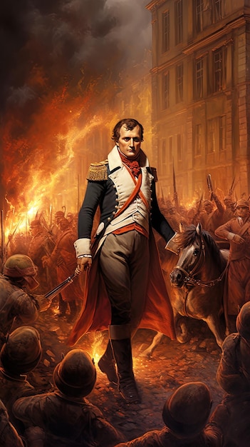 a poster of a military man with a sword and a horse in the background