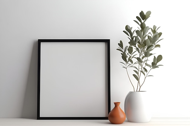 Poster Mock up black frame and green plant and a vase on bookshelf or desk White colors