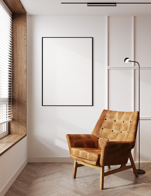 Poster mock up met horizontaal frame op lege beige muur in woonkamer interieur met bruin fauteuil raam en vloerlamp 3D-rendering