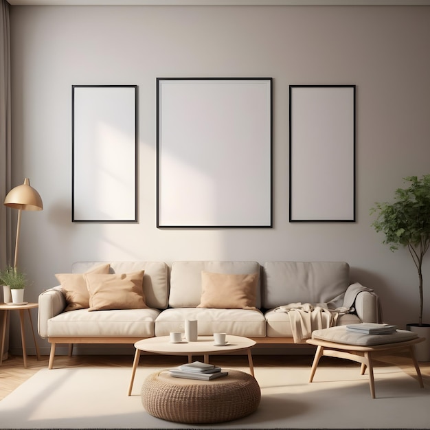 poster Mockup frames of various sizes on the wall of living room