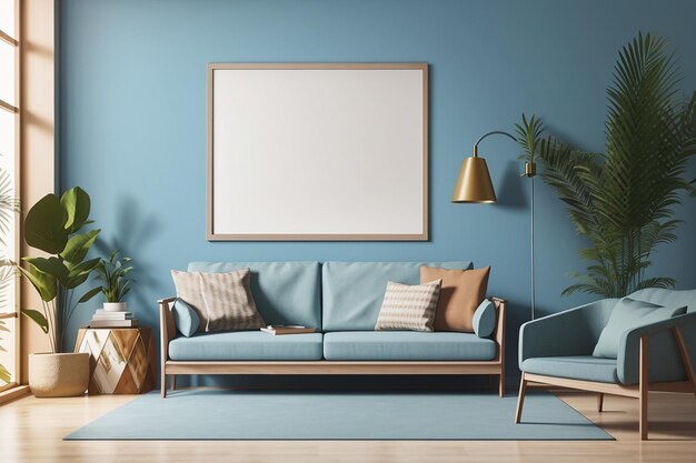 Poster mockup met houten frame in het interieur van het huis op blauwe achtergrond3d rendering