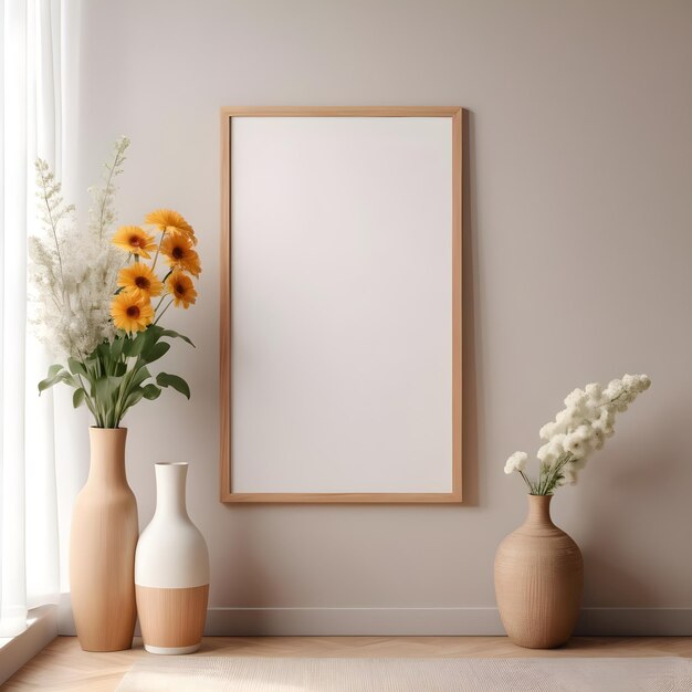 Poster mockup met verticaal houten frame in huis interieur achtergrond met bloemenvaas en andere decoratie