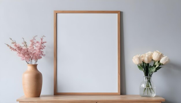 Poster mockup met verticaal houten frame in huis interieur achtergrond met bloemenvaas en andere decoratie